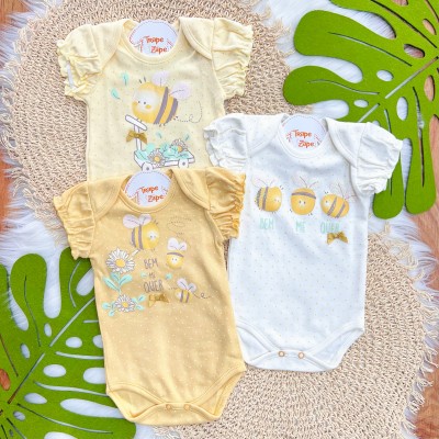 Kit 3 Peças - Bodys Manga Curta Bem Me Quer Abelhas - Amarelo, Off White e Mostarda